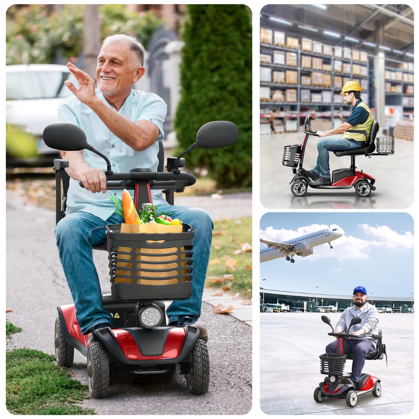 SACVON 4-Wheel Mobility Scooter – Folding, LED Lights, Red