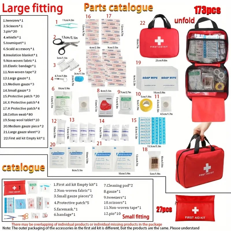 First aid kit with components and parts catalogue on a white background

