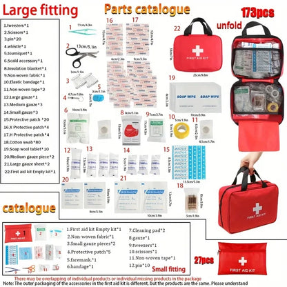 First aid kit with components and parts catalogue on a white background

