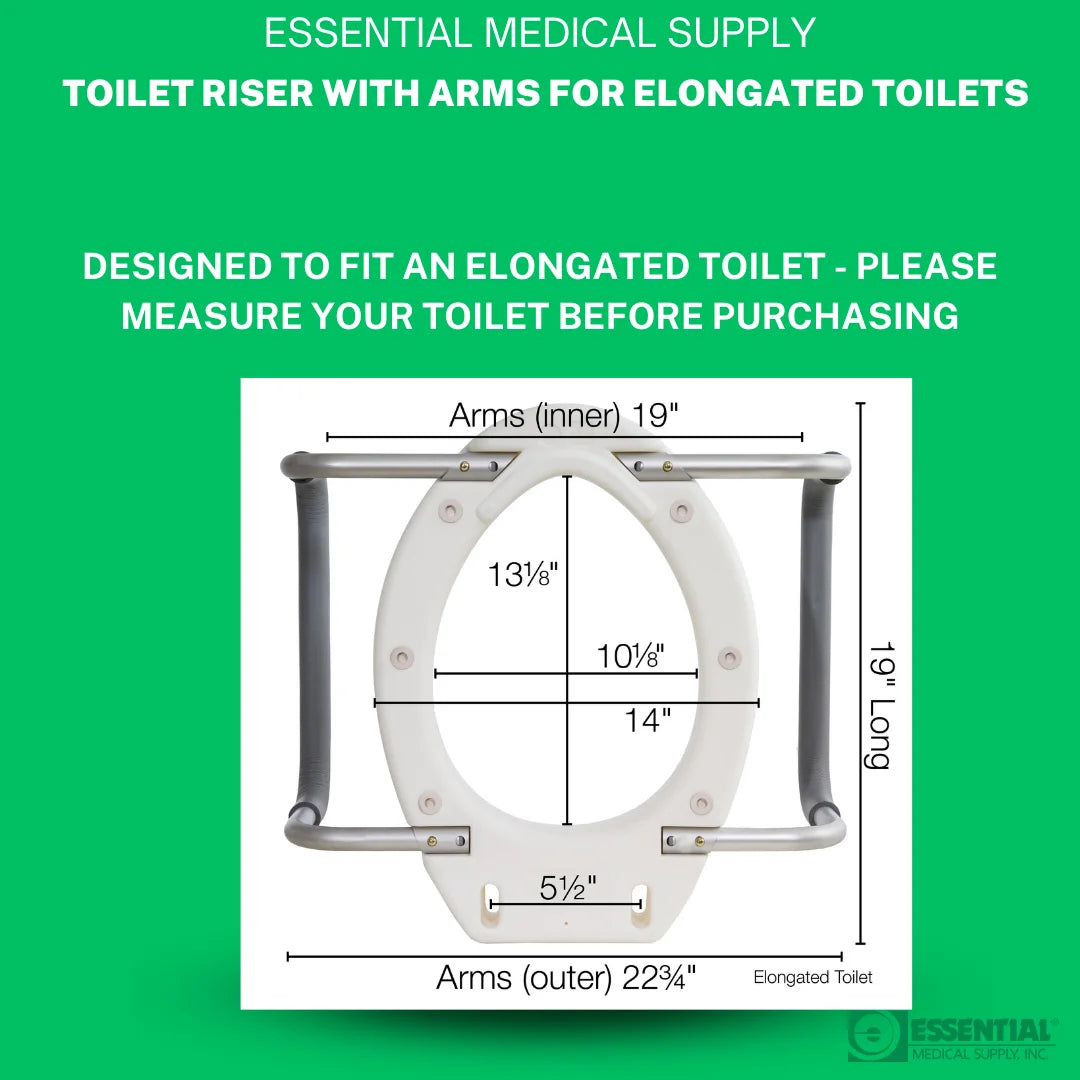 Essential Medical Supply packaging for raised toilet seat with armrests. Features product specs and safety benefits.