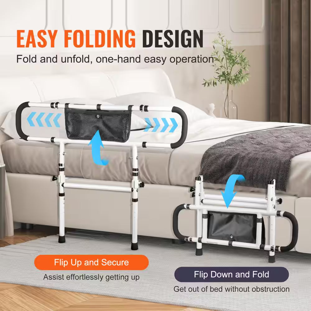 Bed rail with easy folding design on a bed in a bedroom setting

