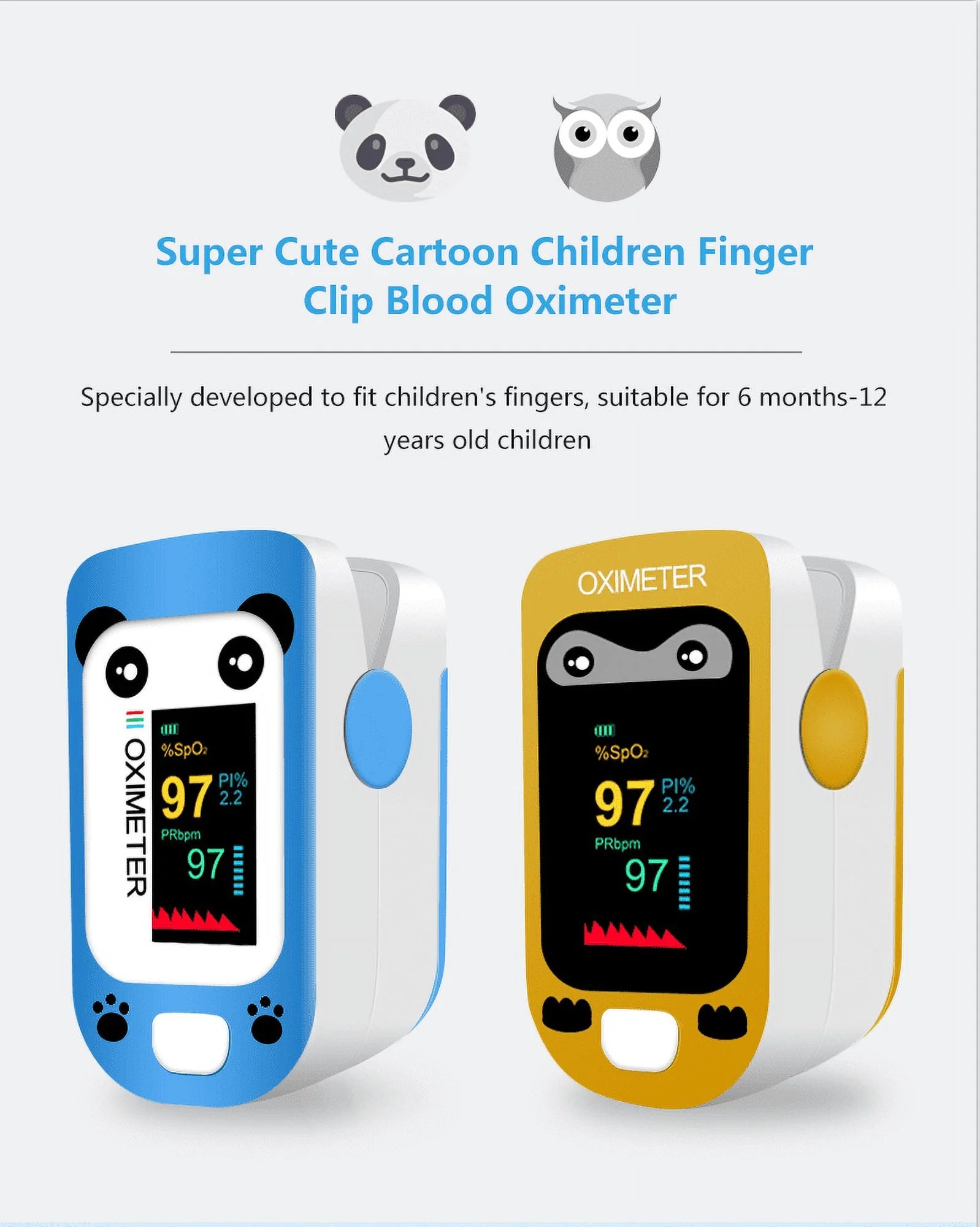 Two children's finger clip blood oximeters, one blue and one yellow, with cartoon animal faces on a white background.