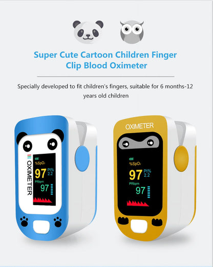 Two children's finger clip blood oximeters, one blue and one yellow, with cartoon animal faces on a white background.