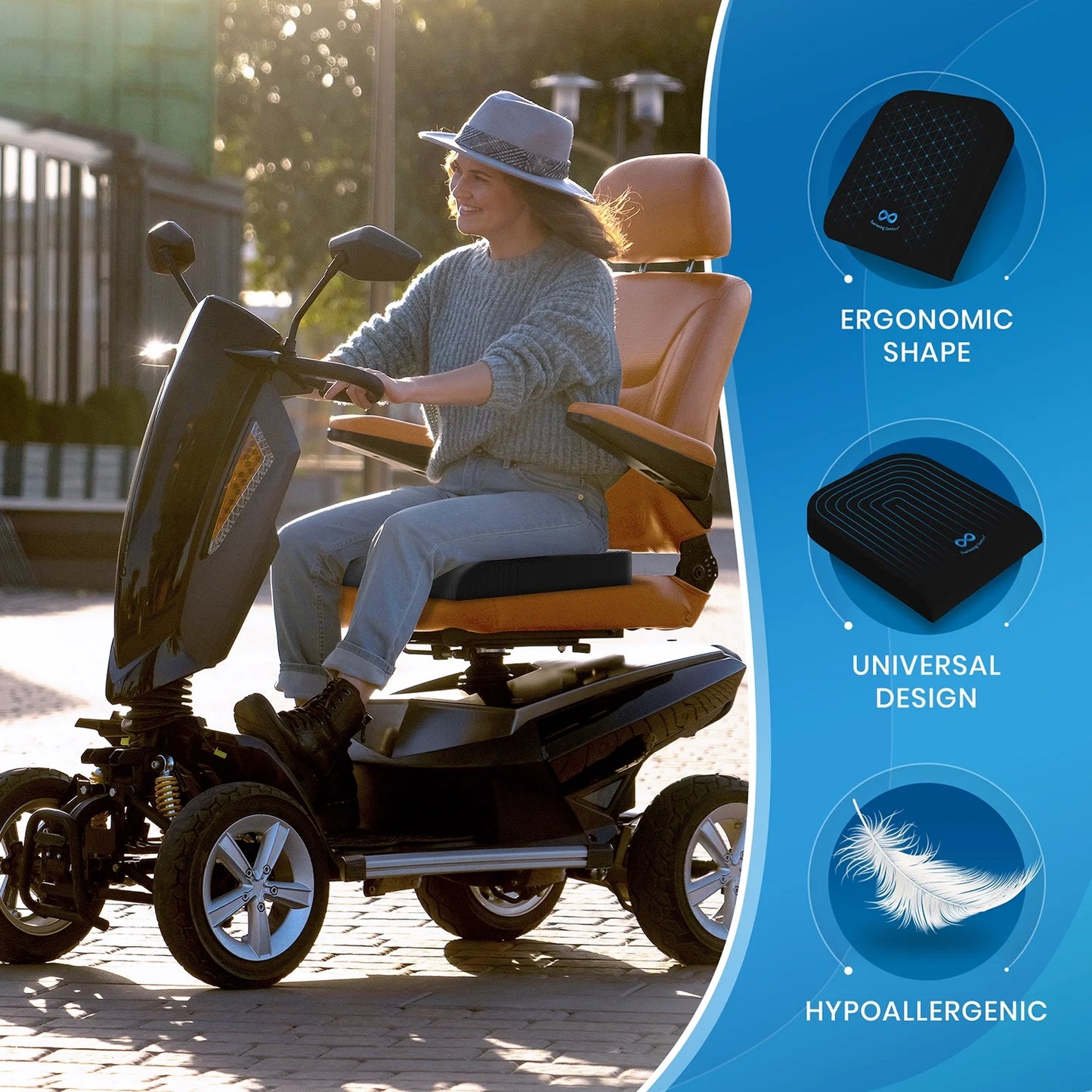 Person using a mobility scooter with ergonomic features highlighted on a blue overlay

