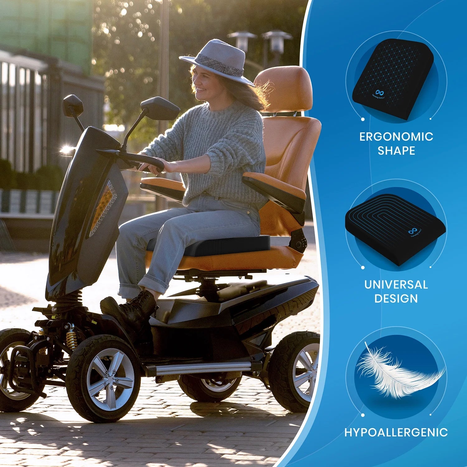 Person using a mobility scooter with ergonomic features highlighted on a blue overlay

