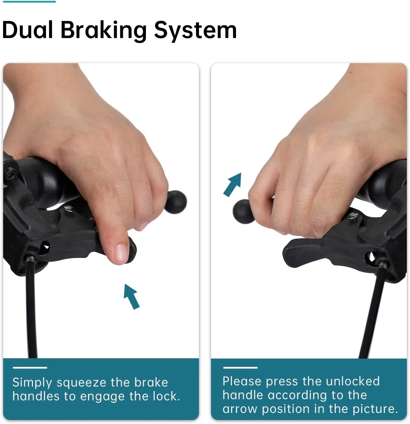 Dual braking system with hand actions and text instructions on a white background

