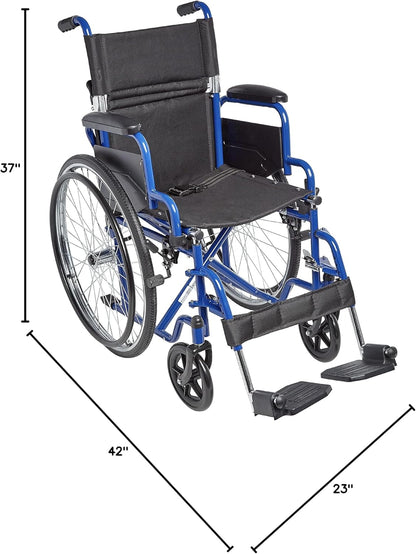 Blue wheelchair with dimensions indicated on a white background