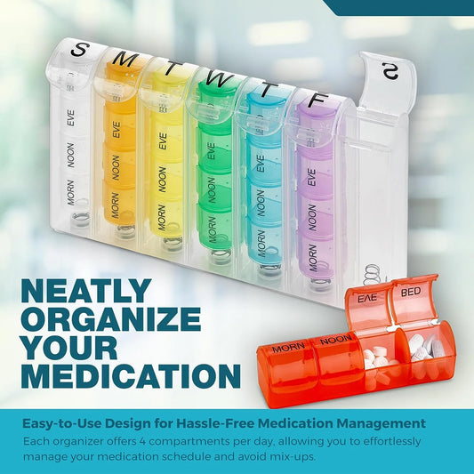 Multicolored pill organizer with compartments labeled for each day of the week, on a light blue background.

