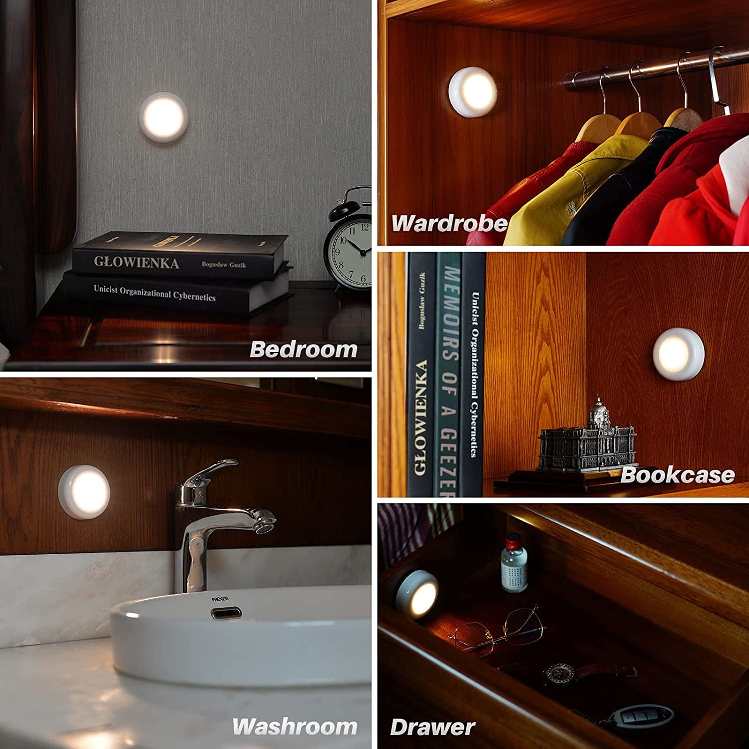 Collage of LED lights in various locations including bedroom, wardrobe, bookcase, washroom, and drawer.

