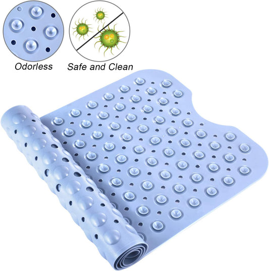 Blue rubber mat with textured surface, rolled out, on a white background with icons indicating odorless, safe, and clean features.

