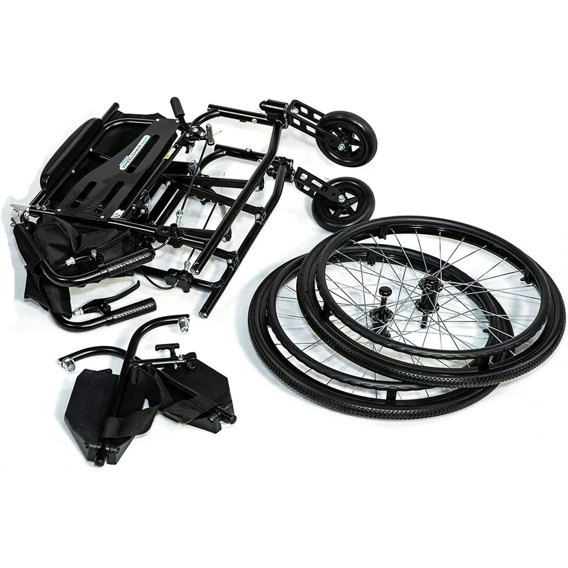 Black bicycle wheel and frame components on a white background