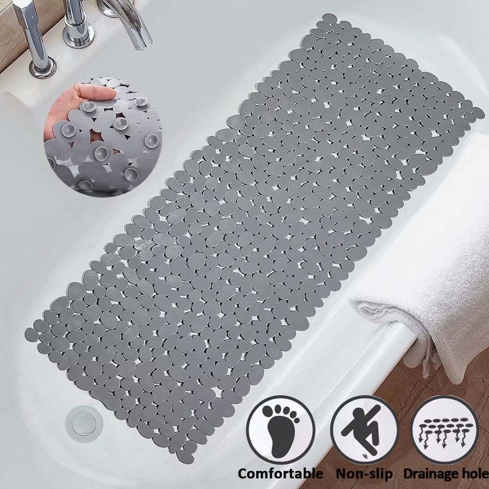 Gray bath mat with drainage holes on a bathtub, showing comfort, non-slip, and drainage features.