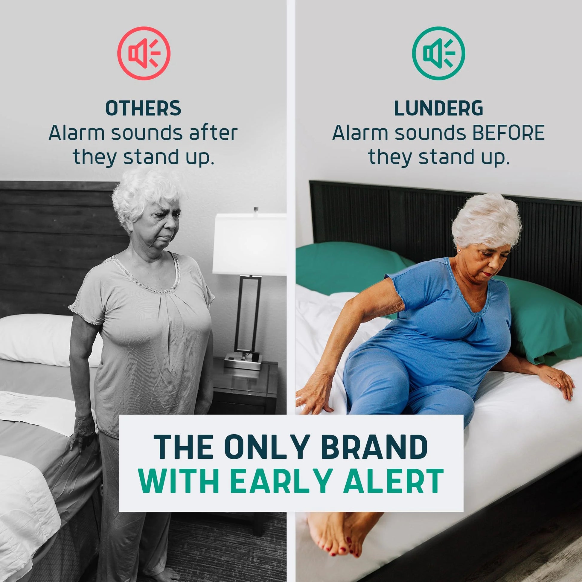 Comparison of alarm systems for elderly individuals, one with an early alert feature, on a white background.