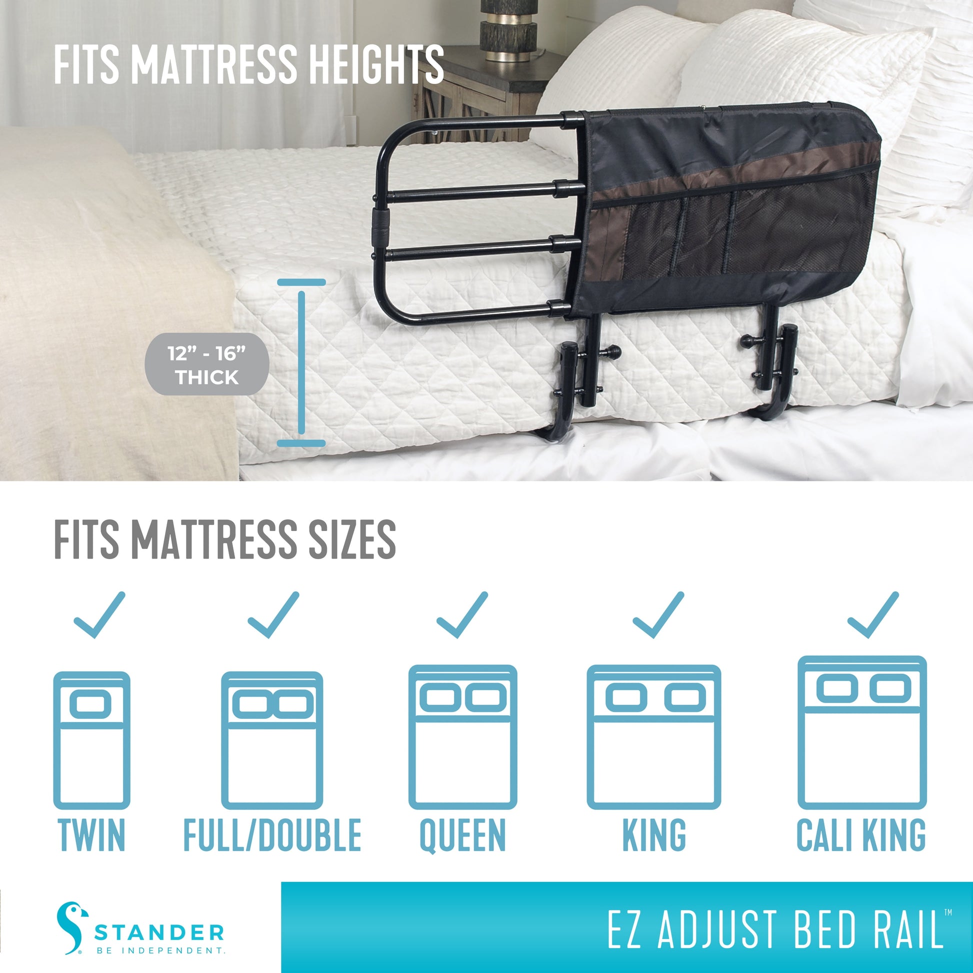 Bed rail on a bed with mattress size and thickness information displayed.

