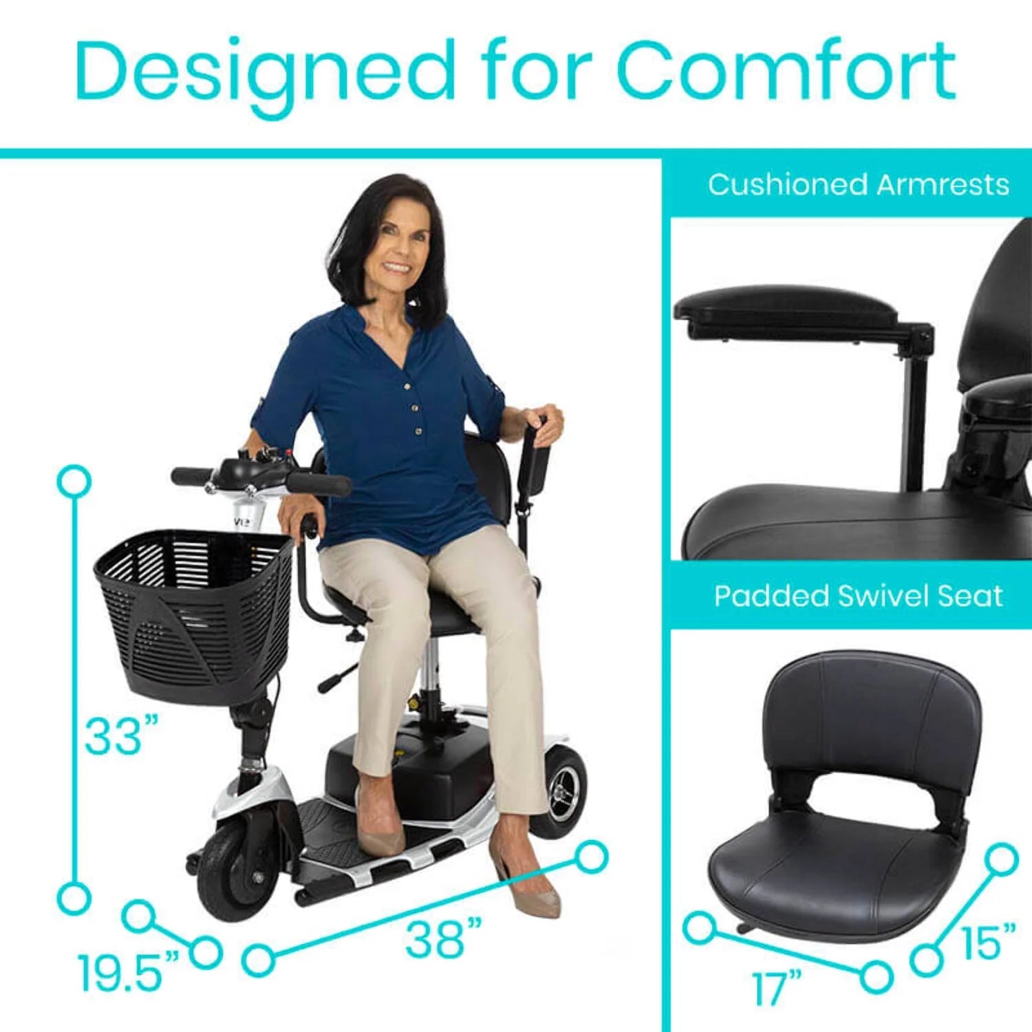 Mobility scooter with measurements and comfort features highlighted