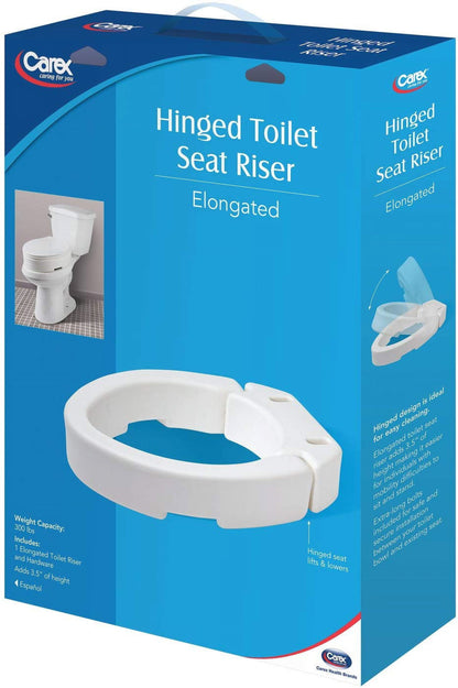 Carex Elongated Toilet Seat packaging with product features for home health care and bathroom safety.