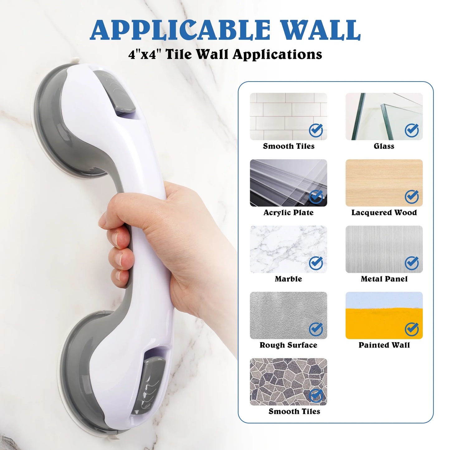 Grab bar with a white handle and gray base, held by a hand, on a white background with text about wall applications.

