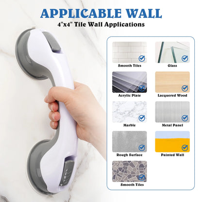 Grab bar with a white handle and gray base, held by a hand, on a white background with text about wall applications.

