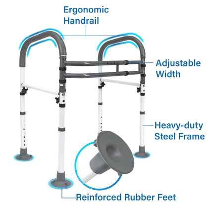 Vaunn toilet safety rails packaging with product features for mobility support and home health care.