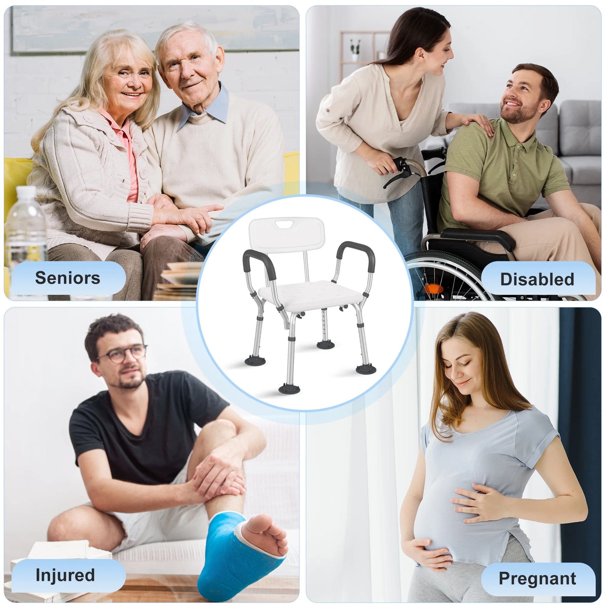 Collage of people with different needs and a chair with armrests, labeled as Seniors, Disabled, Injured, and Pregnant.

