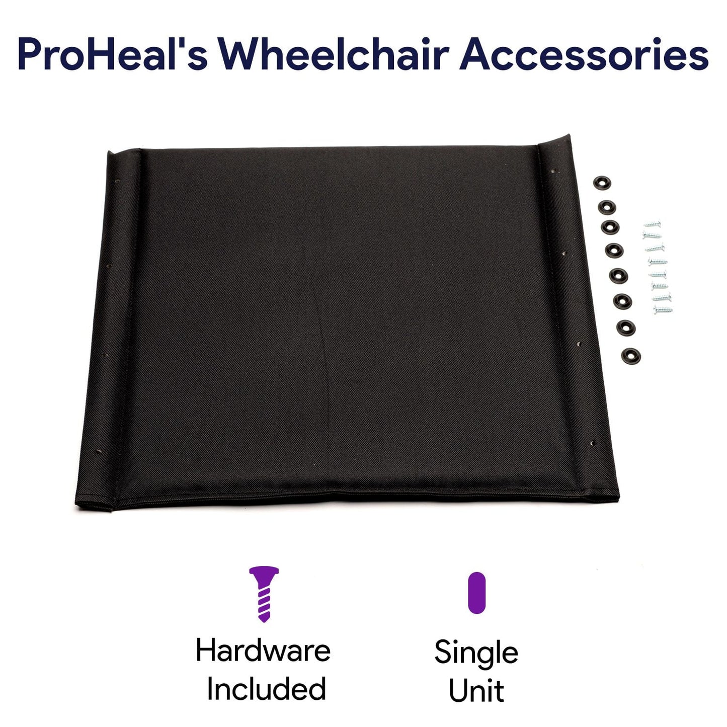 Black wheelchair accessory with hardware included, labeled 'ProHeal's Wheelchair Accessories'.

