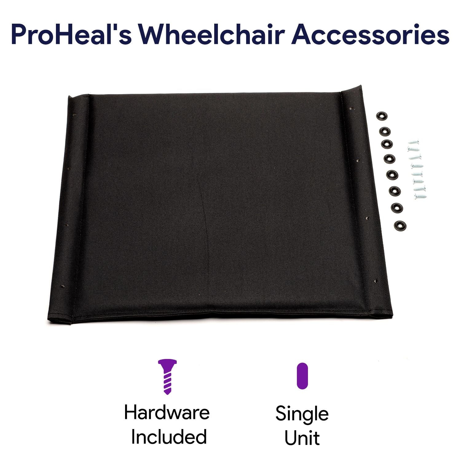 Black wheelchair accessory with hardware included, labeled 'ProHeal's Wheelchair Accessories'.

