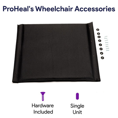 Black wheelchair accessory with hardware included, labeled 'ProHeal's Wheelchair Accessories'.

