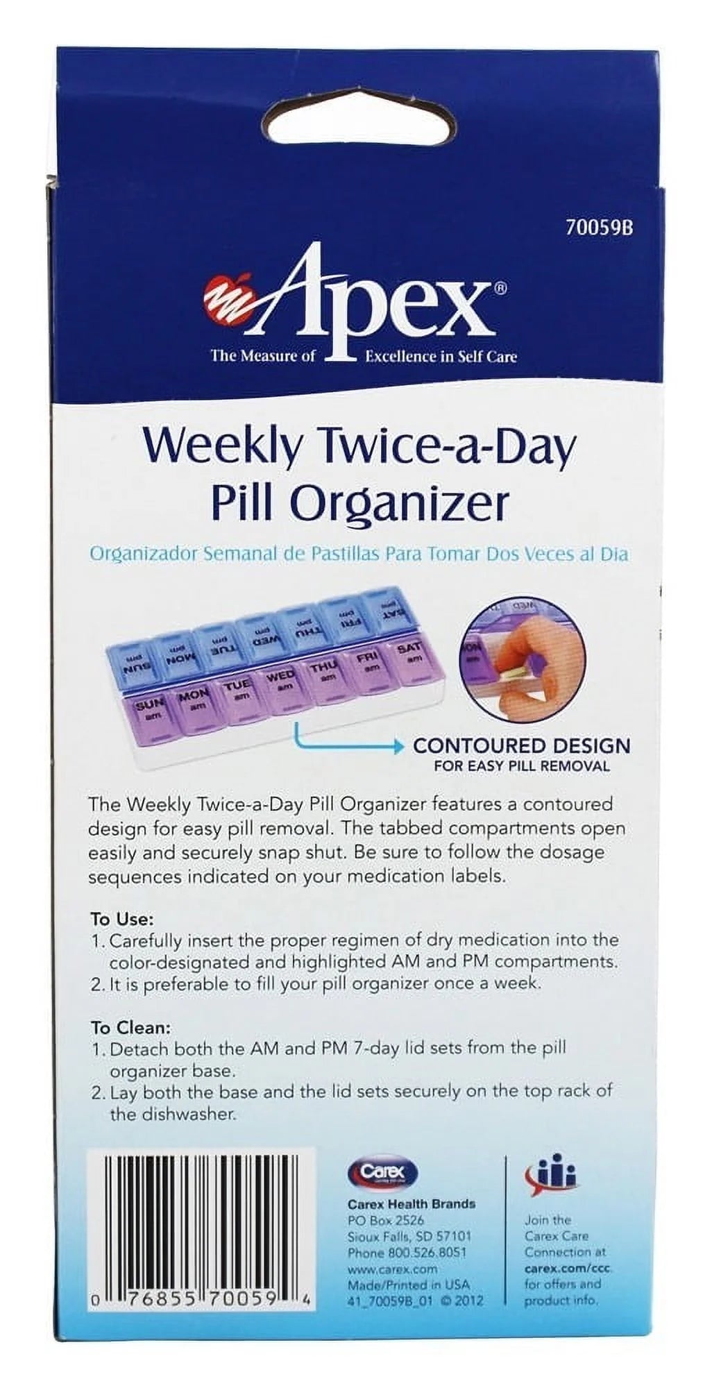 Apex Weekly Twice-a-Day Pill Organizer packaging with blue and white design.

