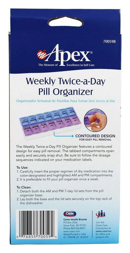 Apex Weekly Twice-a-Day Pill Organizer packaging with blue and white design.

