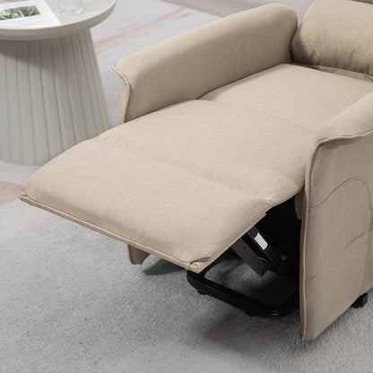 Beige recliner chair in a living room setting with a side table.
