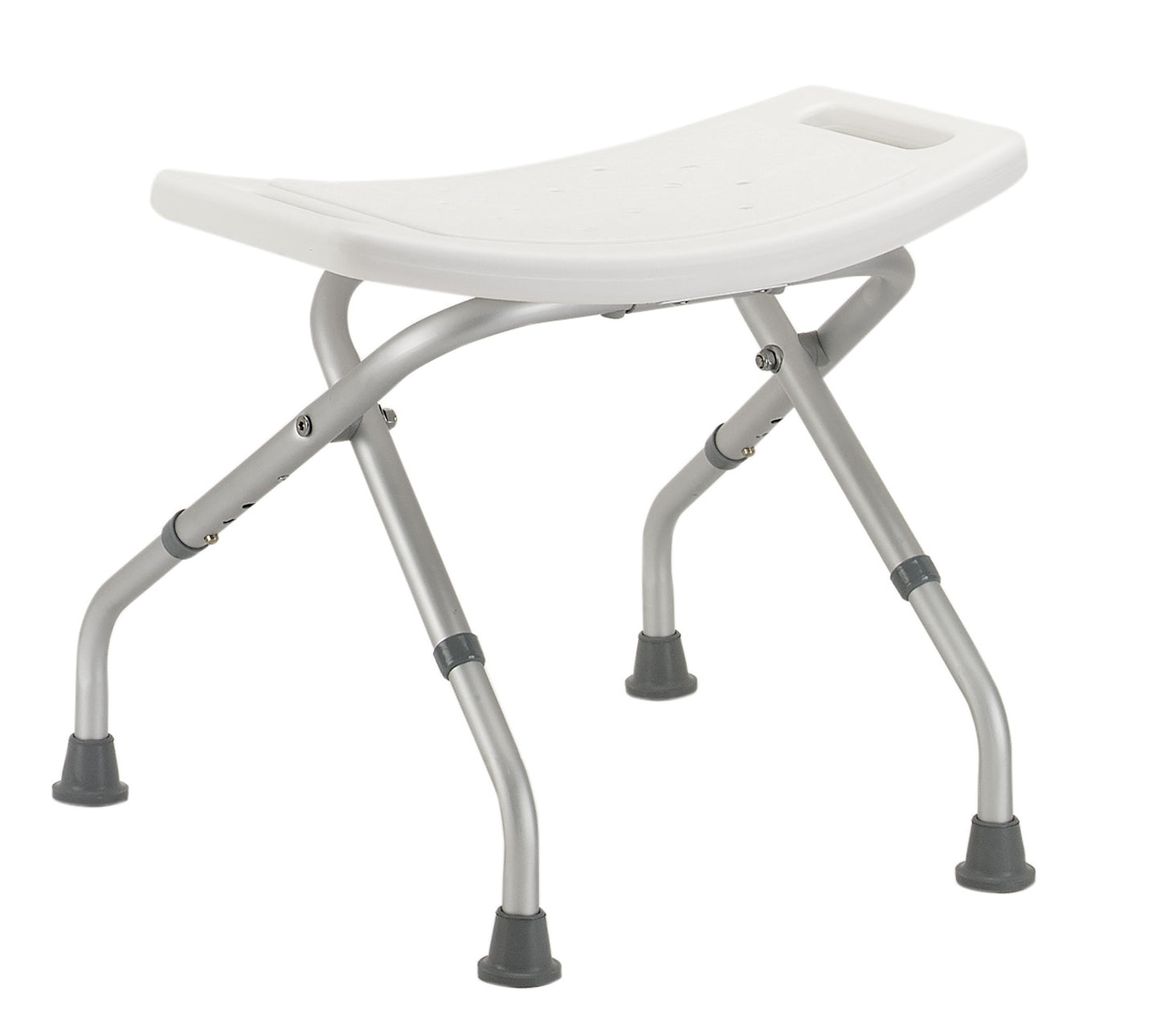 Foldable shower stool with white seat and metal legs on a white background