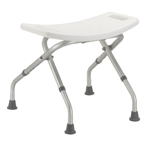 Foldable shower stool with white seat and metal legs on a white background