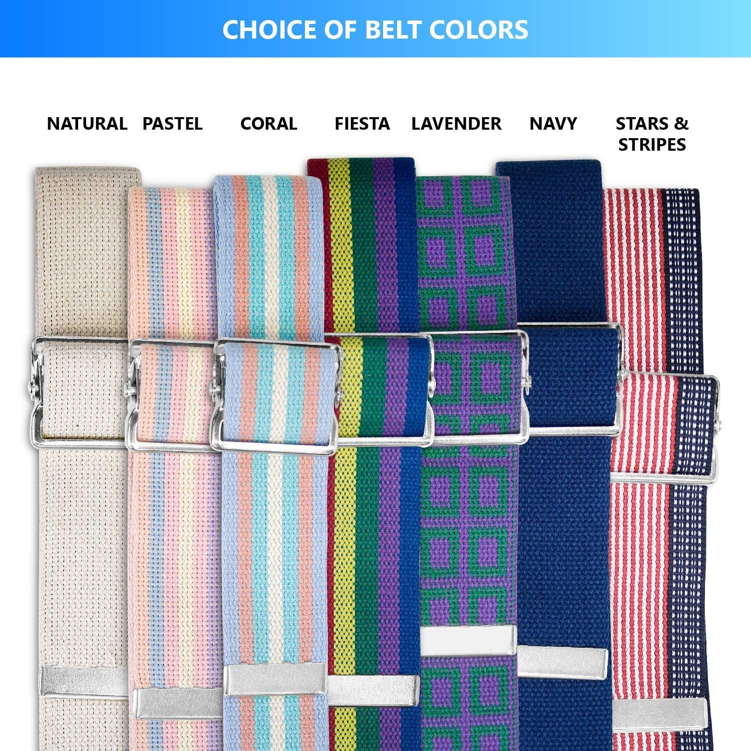 Collection of belts in various colors with a blue banner at the top.