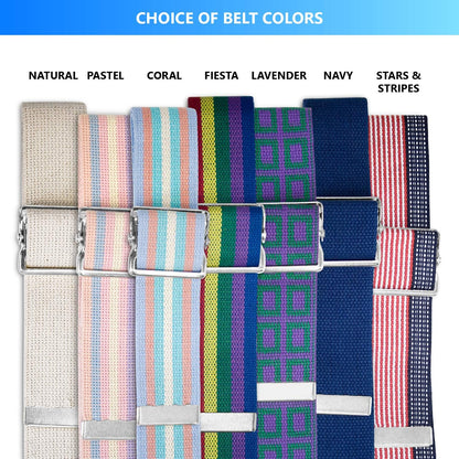 Collection of belts in various colors with a blue banner at the top.