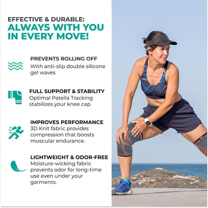 Woman stretching outdoors with product features listed on the left

