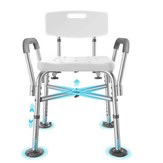 Mobility aid chair with adjustable legs on a white background

