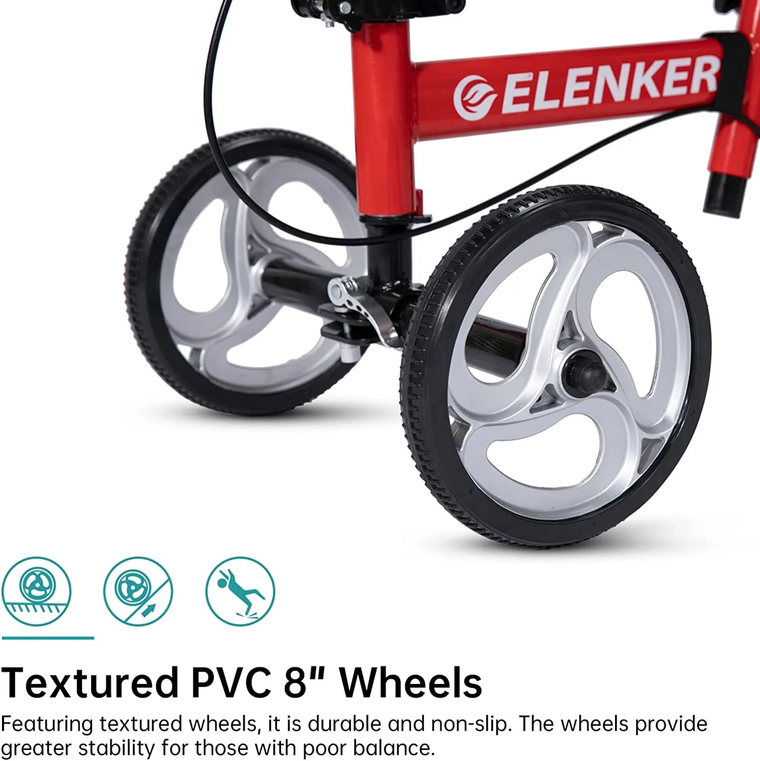 Red ELENKER scooter with textured PVC 8-inch wheels on a white background

