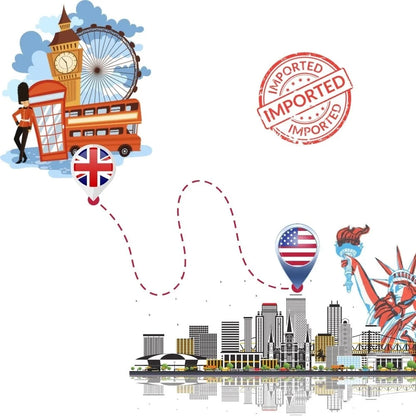 Illustration of London and New York with 'Imported' stamp and balloons.

