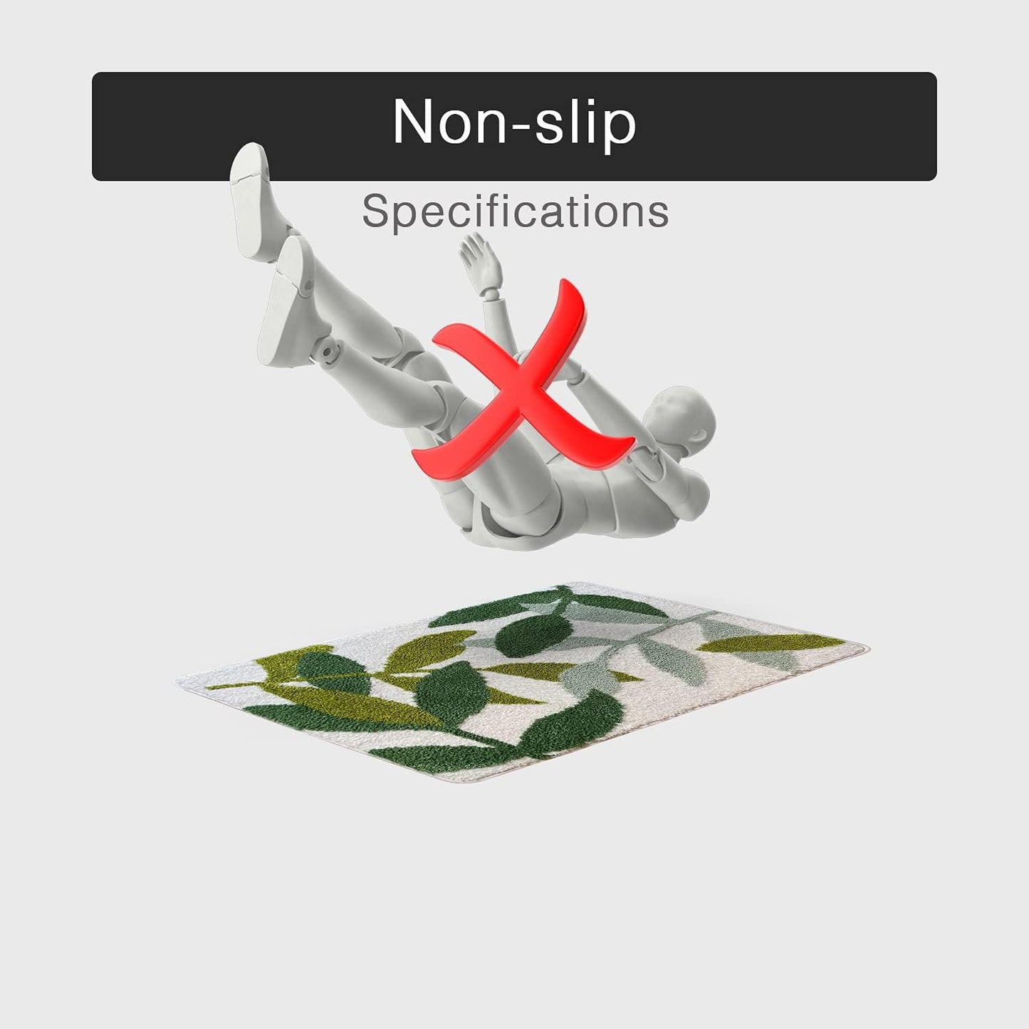 Text 'Non-slip' with a figure falling through a rug labeled 'Specifications' on a light gray background.

