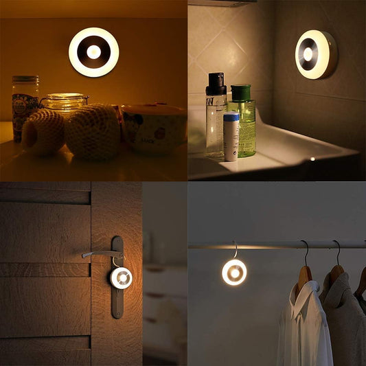 Circular light fixture in various settings including a bathroom, kitchen, and closet.

