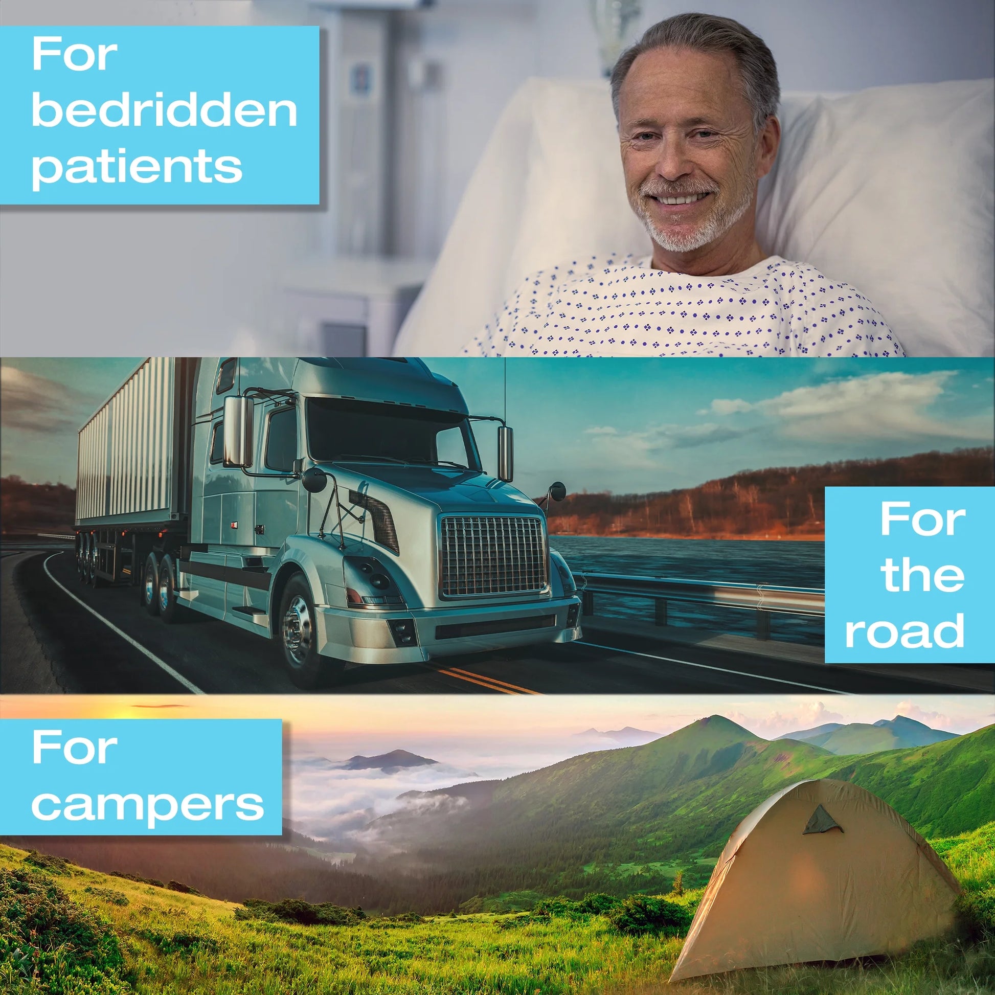 Man in a hospital bed with images of a truck on the road and a tent for campers.


