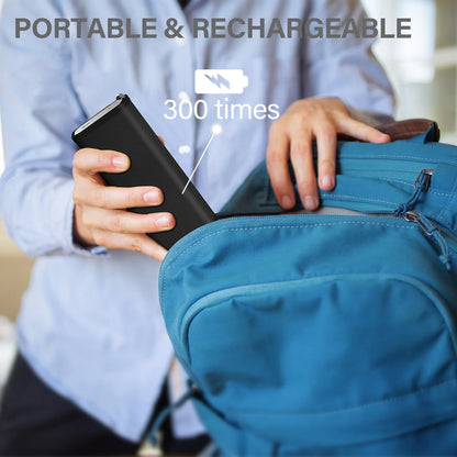 Person holding a portable device and charging it, with text indicating portability and rechargeability.

