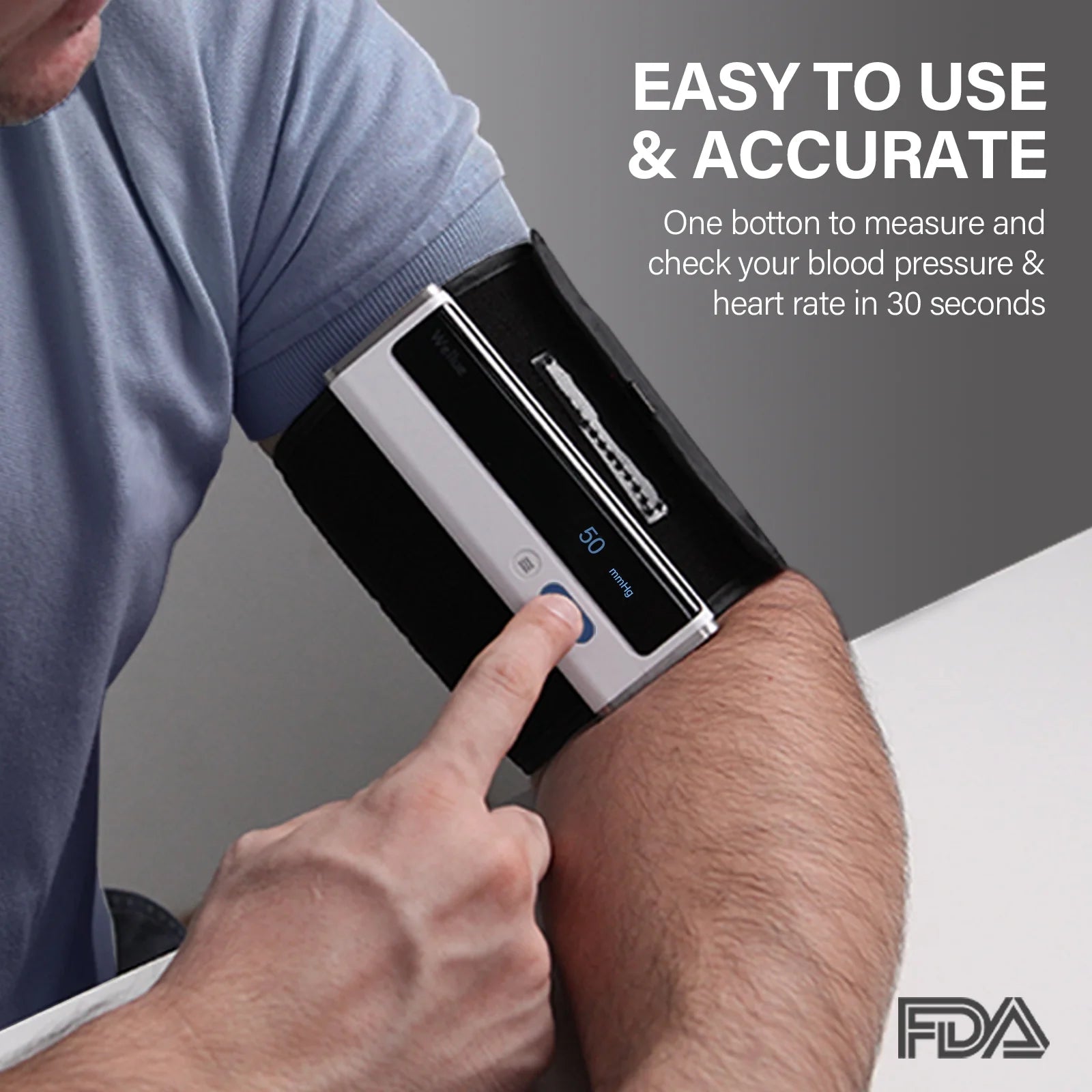 Person using a blood pressure monitor with text indicating ease of use and accuracy.

