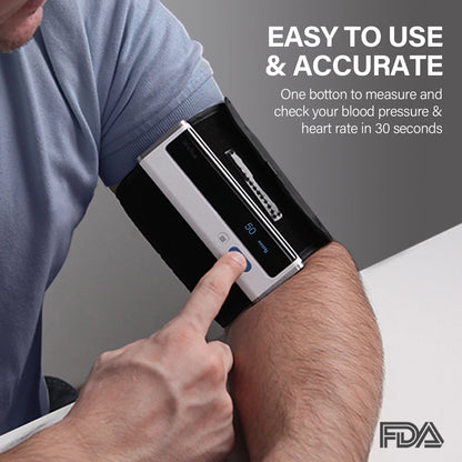 Person using a blood pressure monitor with text indicating ease of use and accuracy.

