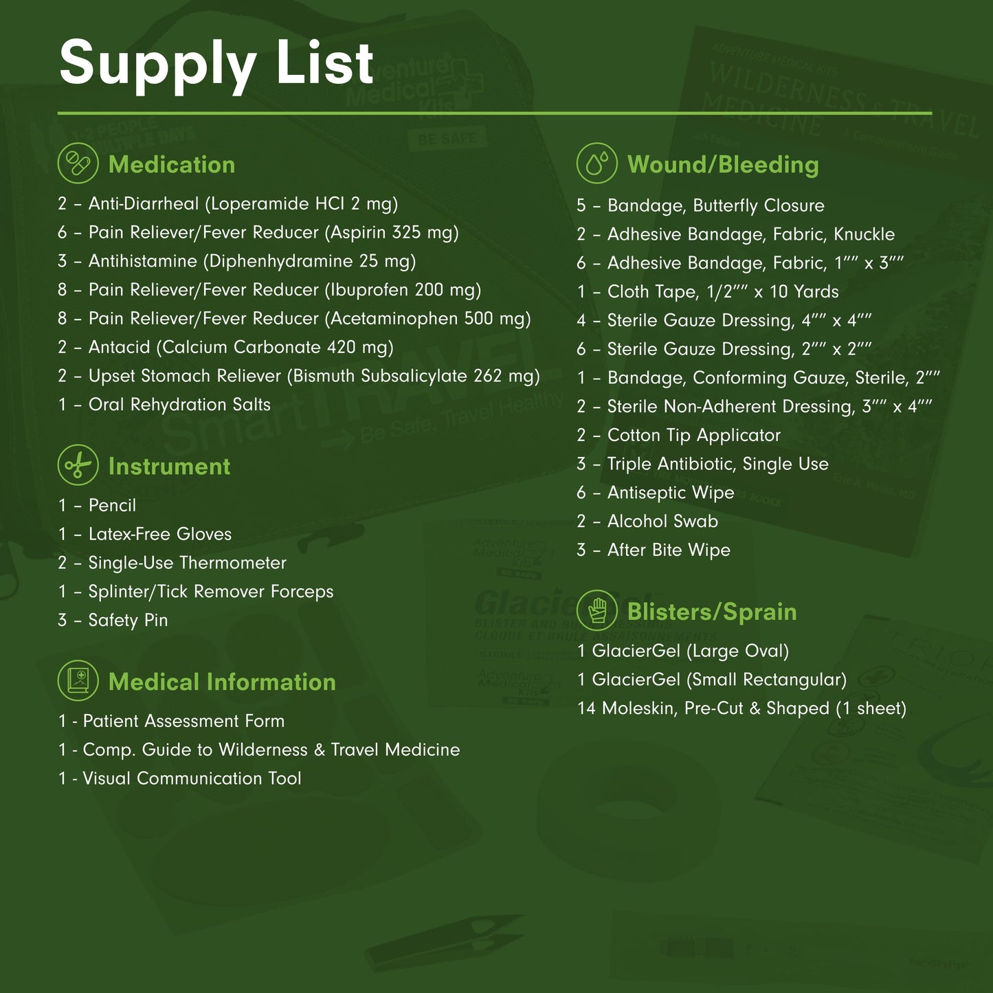 Supply list for medical and emergency supplies on a green background

