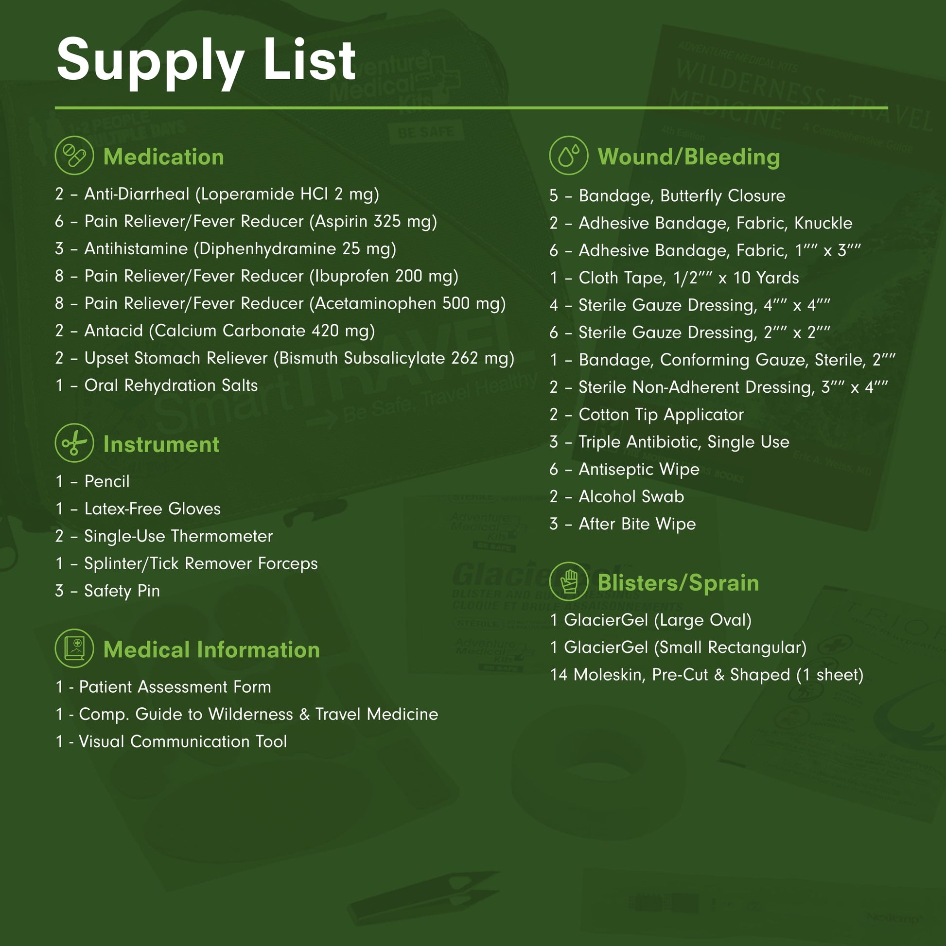 Supply list for medical and emergency supplies on a green background

