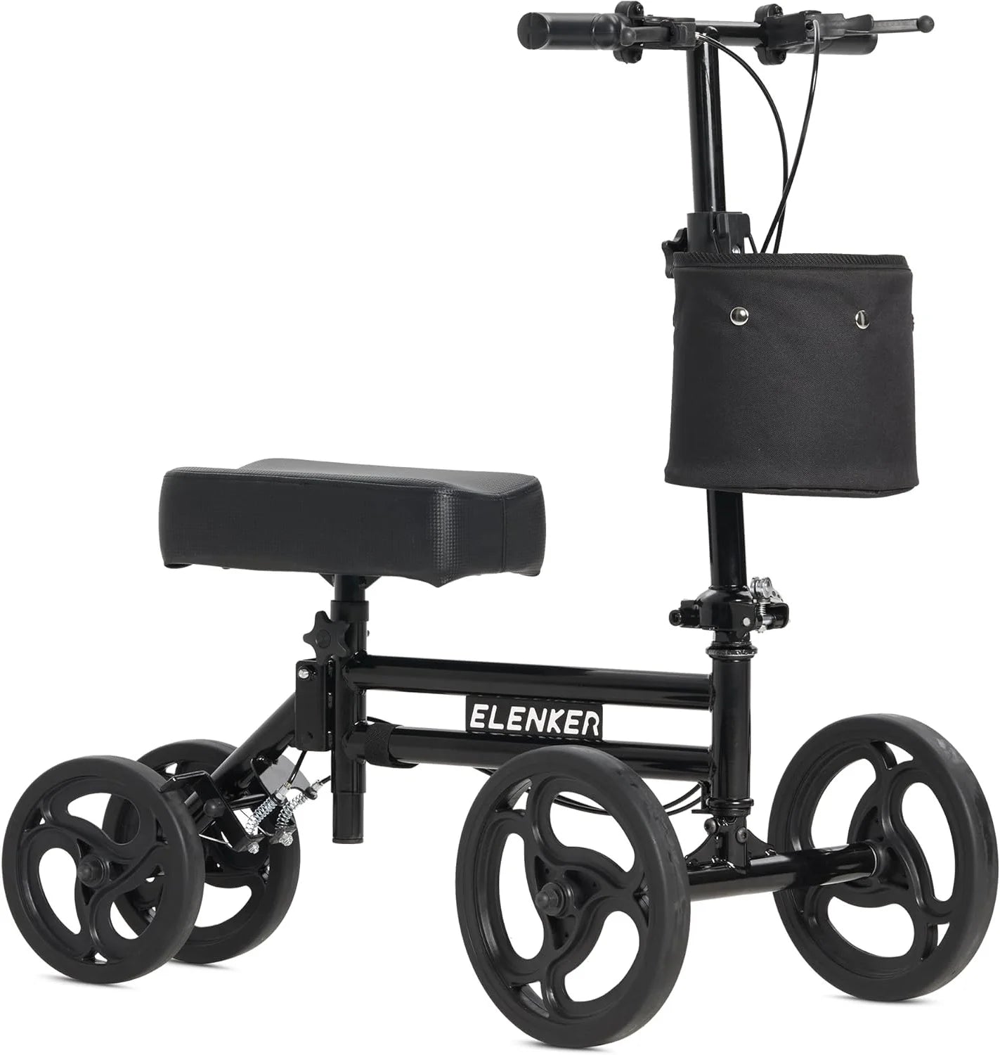 Black knee scooter with seat and basket on a white background, featuring the brand 'ELENKER'.

