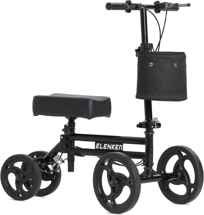 Black knee scooter with seat and basket on a white background, featuring the brand 'ELENKER'.

