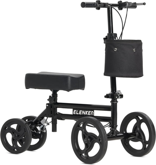 Black knee scooter with seat and basket on a white background, featuring the brand 'ELENKER'.


