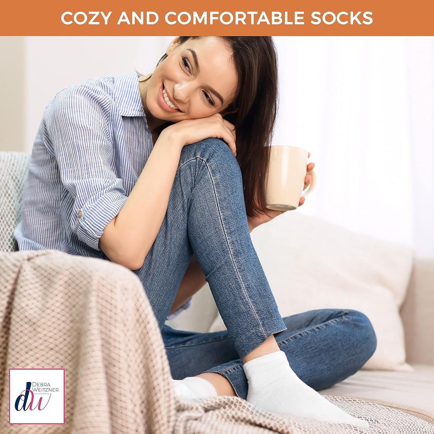 Woman sitting on a couch wearing cozy socks with a cup of coffee, text 'Cozy and Comfortable Socks' above.